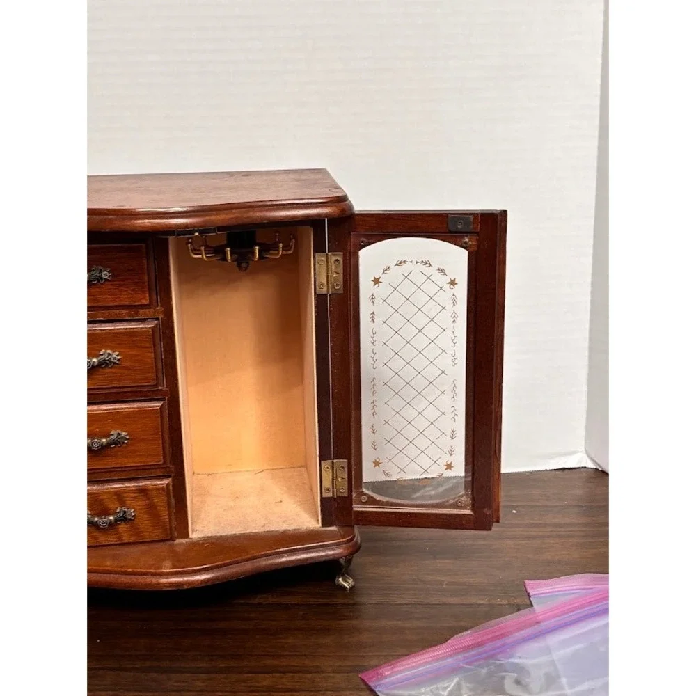 Vintage Wood Jewelry Armoire Glass Etched Doors Rotating Carousel Claw Feet